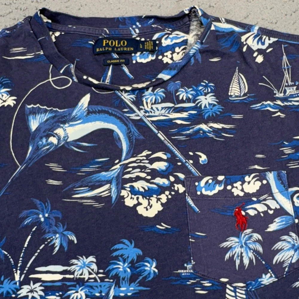 Polo Ralph Lauren Shirt Mens Large Blue Marlin Deep Sea Fishing Pocket Tee Pony